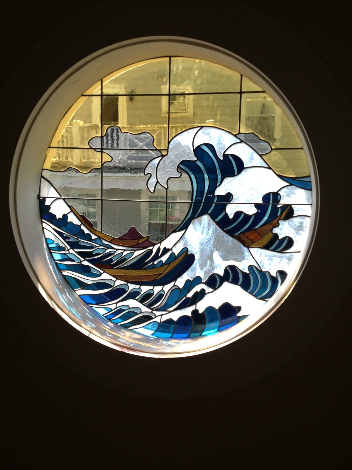Japanese wave-inspired stained glass artwork